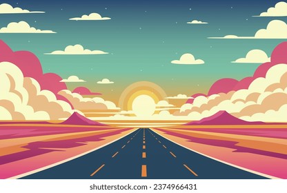 Road to infinity, vacation trip, banner horizon road sky. Vector illustration