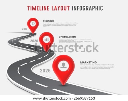 Road infographic. 3D road timeline wavy wending route, journey infographics with red location pins marking milestones. Success business growth startup strategy vector concept.