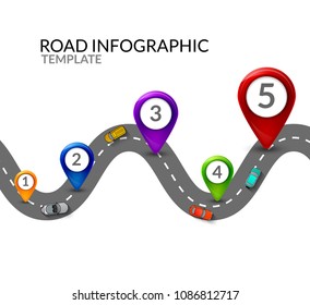 Road infographic. Colorful pin pointer and cars top view. Road street infographic. Business map template.