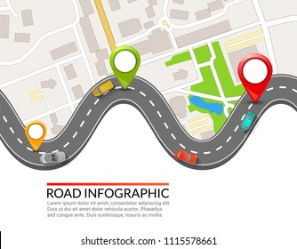 Infografía de la carretera. Puntero de pin colorido. Diseño de Ilustración vectorial de infografía de calle. Plantilla del mapa de negocios.