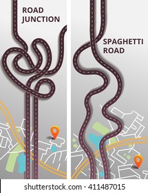 Road Infographic With Colorful Pin Pointer Vector Illustration. Vertical Banners Set. Road Junction And Spaghetti Roards