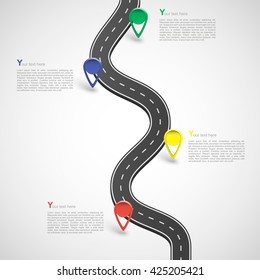 Road infographic with colorful pin pointer, vector illustration