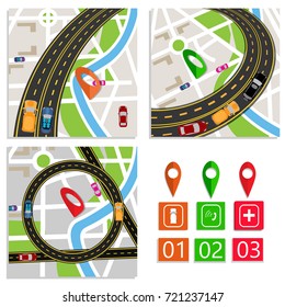 Road Infographic. Emergency services. A set of abstract road junctions on city maps. Material design. Vector illustration