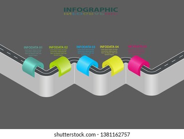 Road infographic. Information graphics template. Winding expressway timeline. 5 Steps, strategies or business processes. Vector illustration design.