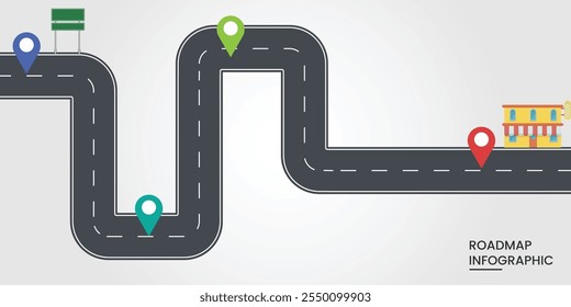 Infografía de carretera con pin, puntero. Concepto de información de la calle. Ilustración vectorial