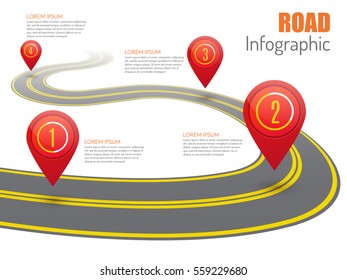 Road infographic with red pointers, vector illustration