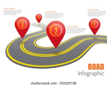 Road infographic with red pointers, vector illustration