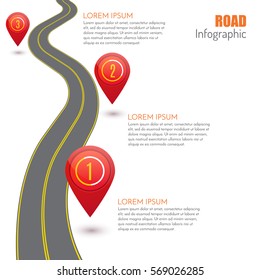 Road infographic with red pointers, vector illustration for your design