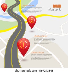 Road infographic with red pointers, vector illustration for your design