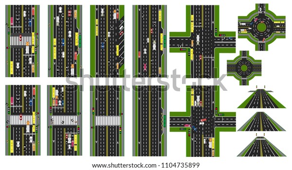 Road Infographic. Set of Sites of\
roads, highways, streets. Cars public transport. Top view of the\
highway. Circular motion, intersections. Vector\
illustration
