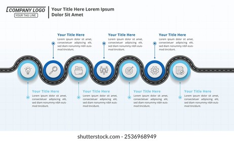 Línea de tiempo de infografía de carretera con 7 pasos en un diseño de 16:9 para presentaciones comerciales, administración y evaluación.