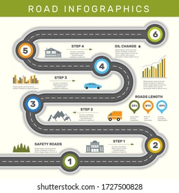 Road Infographic. Timeline With Point Map Business Workflow Graphic Vector Template