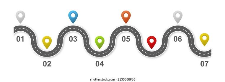 Road infographic timeline template with steps. Horizontal asphalt winding road vector illustration. Seamless highway marking Isolated on white background.	
