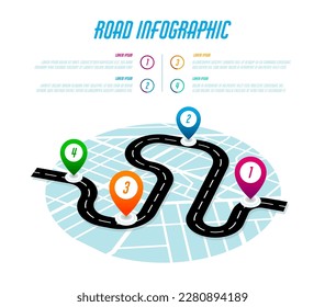 Road infographic, vector map timeline template with banner route lone, navigation pins and information. Automobile trip or journey with stops at important places. Additional data about destinations