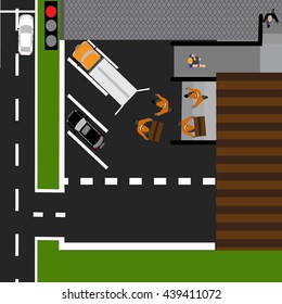 Road infographics. Displayed goods unloaded in the store. Road, cars, delivery. Vector illustration