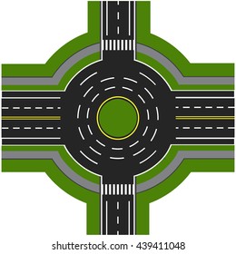 Road infographics. Road interchange, roundabouts. It is showing the movement of cars. Sidewalks and crossings. Vector illustration