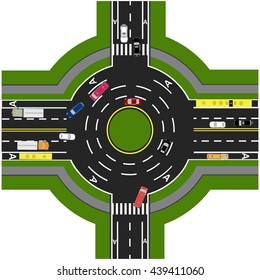 Road infographics. Road interchange, roundabouts. It is showing the movement of cars. Sidewalks and crossings. Vector illustration