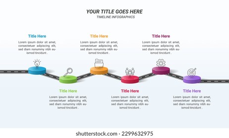 Road Infographics with Isometric Circles, Six Steps, and Business Icons on a 16:9 Ratio Layout for Business Goals, Business Reports, and Website Design.