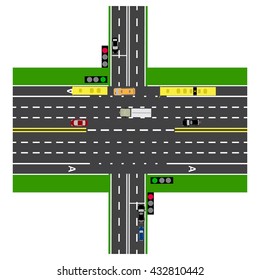 Road infographics. Large highway intersection with the road. With the cars and traffic lights. loaded maps of roads and public transport. Top view of the highway. Vector illustration