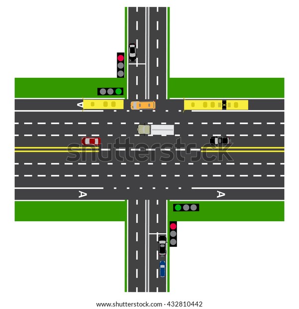 Road\
infographics. Large highway intersection with the road. With the\
cars and traffic lights. loaded maps of roads and public transport.\
Top view of the highway. Vector\
illustration