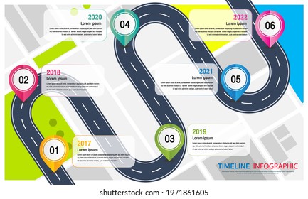 Road infographics. road map to success with pin pointers.road map timeline infographic.Timeline infographic 6 milestone like a road.