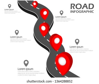 Road infographics with pin pointers. Business journey way. Vector illustration.