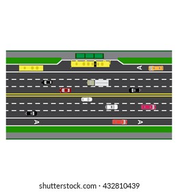 Road infographics. Plot road, highway, street with the bus stop. With different cars. loaded maps of roads and public transport. Top view of the highway. Vector illustration: