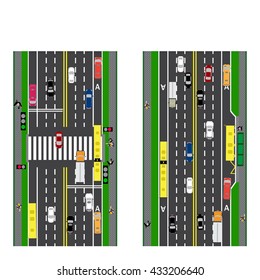 Road infographics. Plot road, highway, street. Intersection. With different cars. Green traffic light for cars. The loaded road maps and public transport. Top view of the highway. Vector illustration