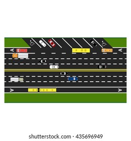 Road infographics. Plot road, highway, street parking. With different cars. Congestion and parking cards. Top view of the highway. Vector illustration