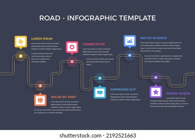 Road infographics with six map pins with icons, vector eps10 illustration