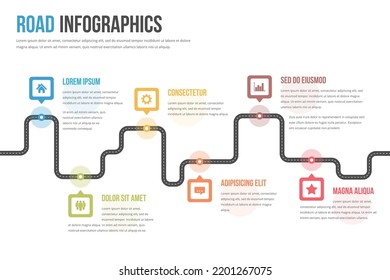 Road infographics with six map pins with icons, vector eps10 illustration