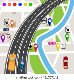 Road infographics. Slight bend with markers on the map terrain. The path specifies the navigator. Vector illustrations