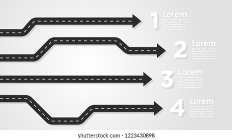 Plantilla infográfica de carretera con cuatro rutas y opciones y espacio para texto.