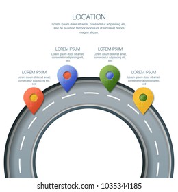 Road infographics template. Way location and GPS navigation concept. Paper cut style vector illustration of multicolor pin map symbol, waypoint marker on the roundabout.
