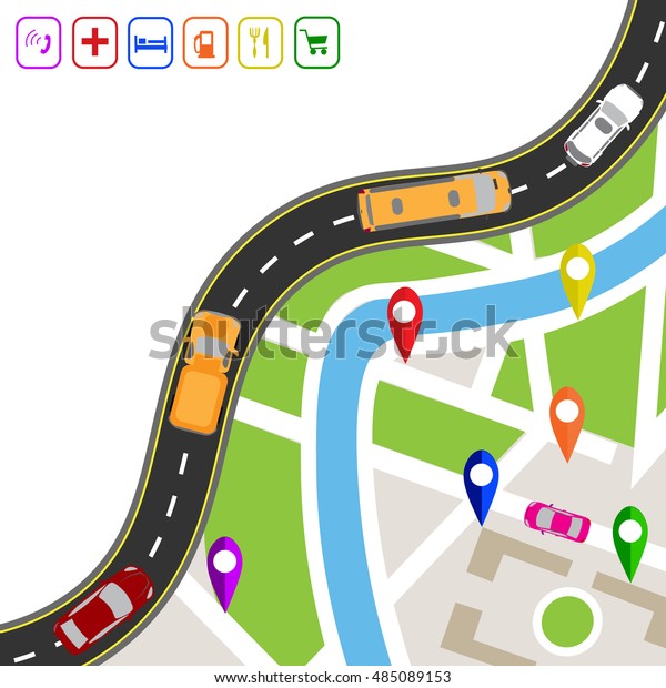 Road infographics. Winding road with markers\
on the map terrain. The path specifies the navigator. Displaying\
traffic car vector\
illustration
