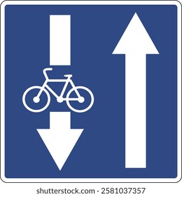 Road information sign road with oncoming bicycle lane. Warning drivers about the presence a lane for cyclists moving in the opposite direction relative to the general traffic flow.