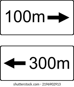 Road information signs. The distance to the stop object is 100 meters. A white square in a black frame. Vector image.