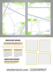 Conjunto de elementos de diseño de folleto en blanco para la infraestructura de carreteras. Transporte. Afiche imprimible con espacio de copia personalizado. Kit con formas y marcos para la decoración de folletos. Calibri, fuentes ariales utilizadas