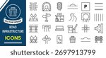 Road Infrastructure icon set. Set of 24 outline icons related to road infrastructure.  Street, Traffic, Transport, Sign, Map, Urban, Parking, Direction icon. Vector illustration.