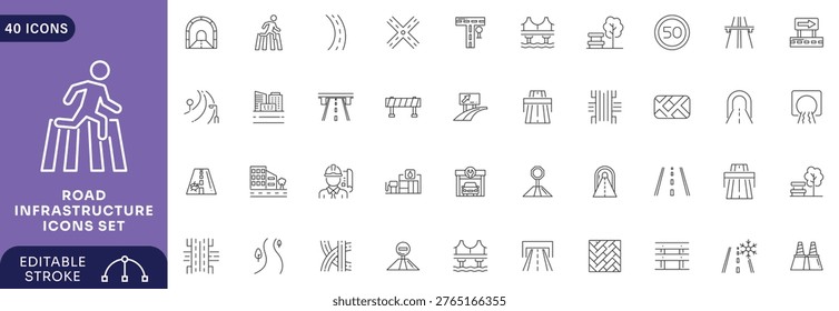 Road infrastructure icon set. line Icon Collection. Editable stroke.