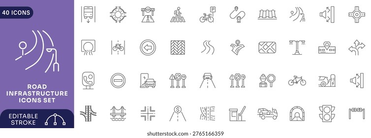 Road infrastructure icon set. line Icon Collection. Editable stroke.