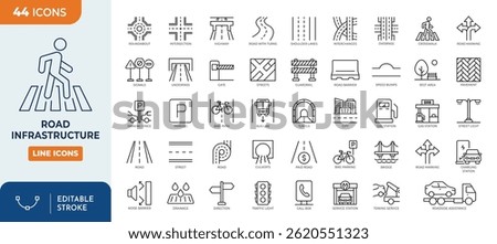 Road infrastructure line editable icon set. Editable stroke. Vector illustration	
