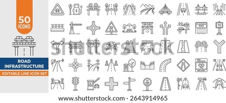 Road Infrastructure Line Icon Set – Editable Vector Icons for Highways, Construction, Traffic, Transport, Bridges, and Road Signs. Editable Stroke. Vector illustration