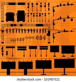 Road infrastructure signs, lightning, traffic lights, fences, walls, billboards, posters and greenery trees editable detailed silhouettes illustration collection background vector