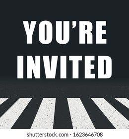 Road. The inscription above the pedestrian crossing "You're invited." Vector illustration, flat design.