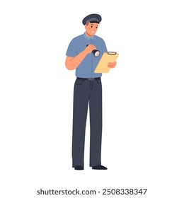 Road inspector or policeman reading documents under flashlight. Vector flat cartoon character working in law enforcement, guard or patrol controlling peace at streets at night, fighting crime