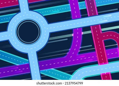 Road interchange top view, night highway from above concept. Futuristic freeway construction, big city traffic infrastructure vector scene. Neon glowing speedway, fast paths for vehicles