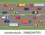 Road interchange traffic top view. City street with cars. Straight three lane highway with broken line markings. Transport speed moving. Urban automobile transportation