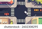 Road intersection. View from above. Pedestrian crossings. Top view of the city with houses, buildings, trees, cars.Vector illustration eps10. Cartoon flat style.
