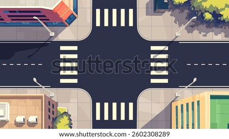 Road intersection. View from above. Pedestrian crossings. Top view of the city with houses, buildings, trees.Vector illustration eps10. Cartoon flat style.